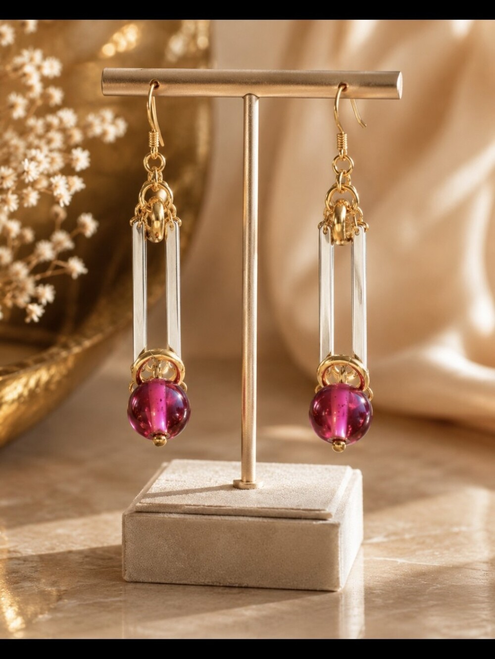 Gold and Silver Drop Earrings with Pink Accents
